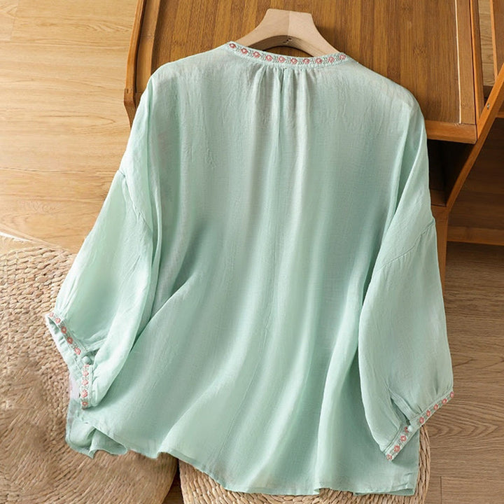 Koszula damska bawełniana z haftowanymi guzikami z motywem Buddha Stones , z rękawem trzy czwarte i karbowanym dekoltem - image 26