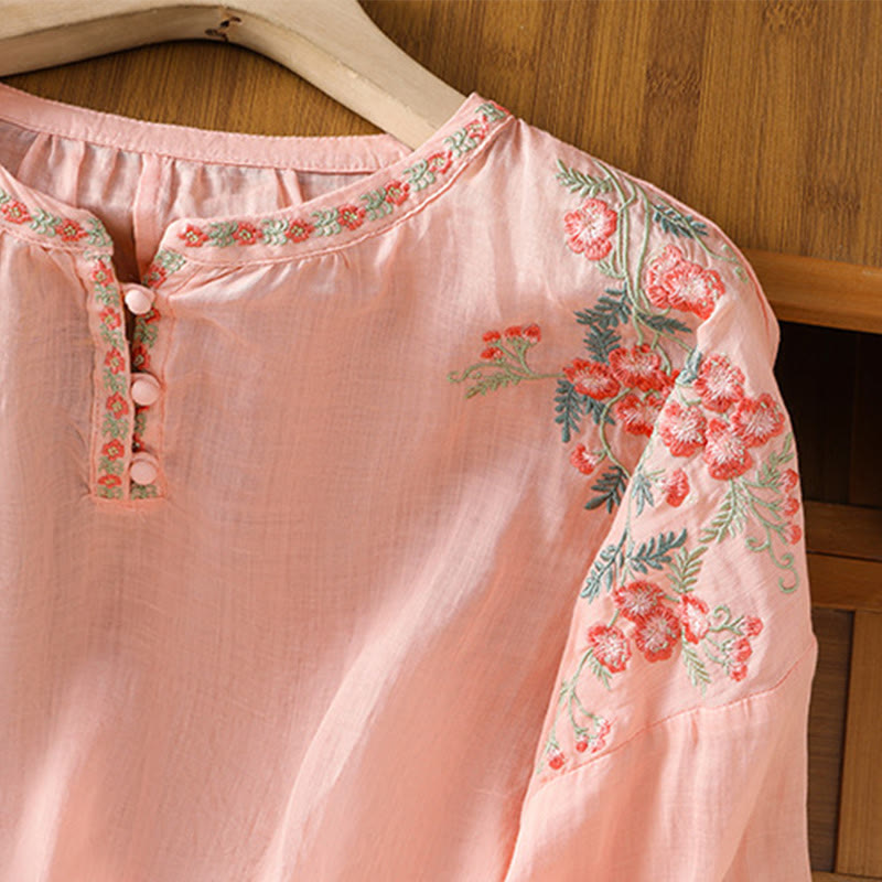 Koszula damska bawełniana z haftowanymi guzikami z motywem Buddha Stones , z rękawem trzy czwarte i karbowanym dekoltem - image 11