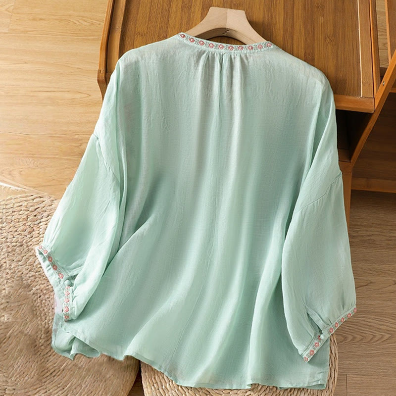 Koszula damska bawełniana z haftowanymi guzikami z motywem Buddha Stones , z rękawem trzy czwarte i karbowanym dekoltem - image 25