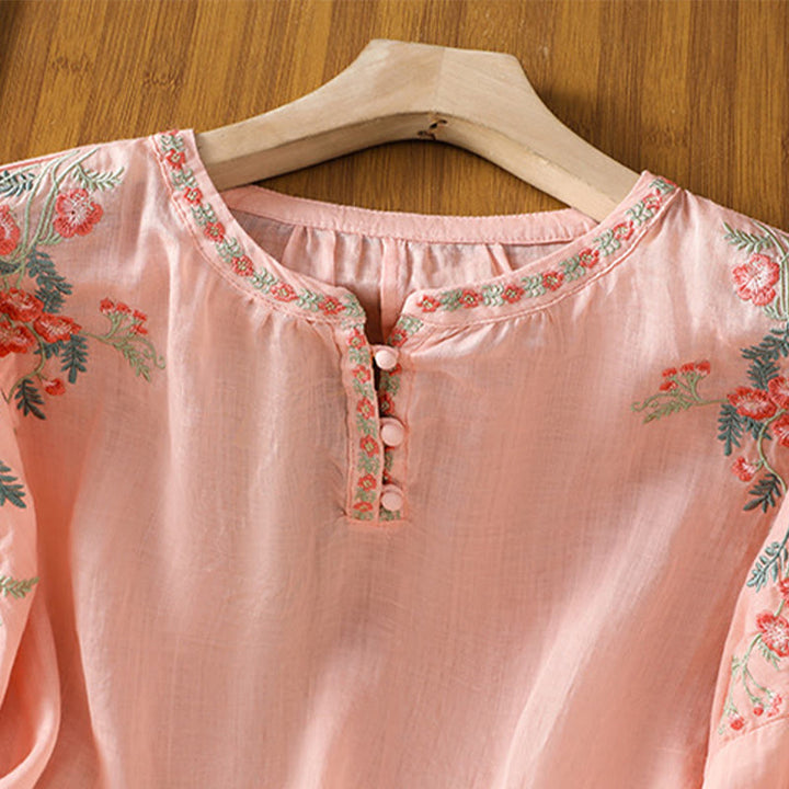 Koszula damska bawełniana z haftowanymi guzikami z motywem Buddha Stones , z rękawem trzy czwarte i karbowanym dekoltem - image 9