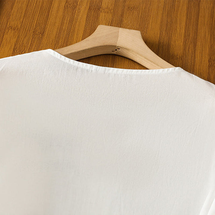 Koszula damska bawełniana z haftowanymi Buddha Stones, plisowanymi guzikami i długim rękawem typu latarnia - image 4