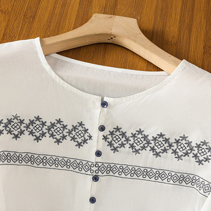 Koszula damska bawełniana z haftowanymi Buddha Stones, plisowanymi guzikami i długim rękawem typu latarnia - image 2