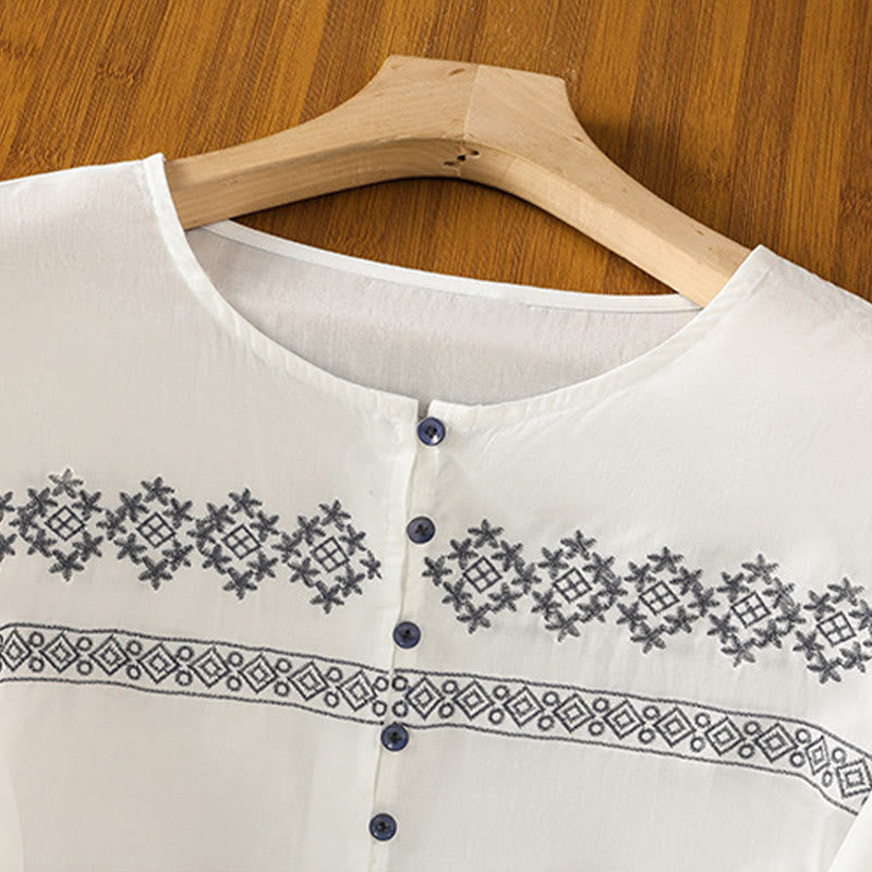 Koszula damska bawełniana z haftowanymi Buddha Stones, plisowanymi guzikami i długim rękawem typu latarnia - image 3