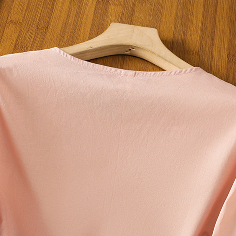 Koszula damska bawełniana z haftowanymi Buddha Stones, plisowanymi guzikami i długim rękawem typu latarnia - image 12