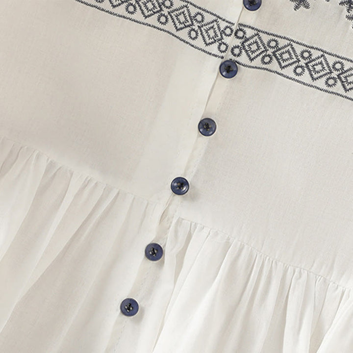 Koszula damska bawełniana z haftowanymi Buddha Stones, plisowanymi guzikami i długim rękawem typu latarnia - image 5