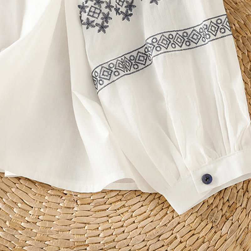 Koszula damska bawełniana z haftowanymi Buddha Stones, plisowanymi guzikami i długim rękawem typu latarnia - image 8