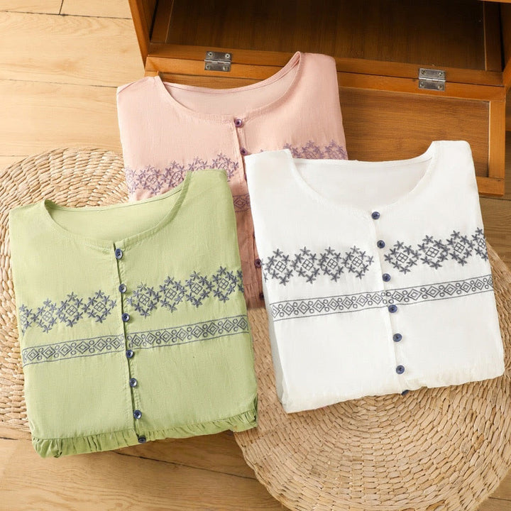 Koszula damska bawełniana z haftowanymi Buddha Stones, plisowanymi guzikami i długim rękawem typu latarnia - image 30