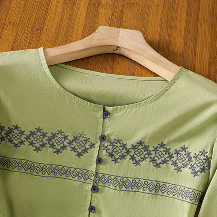 Koszula damska bawełniana z haftowanymi Buddha Stones, plisowanymi guzikami i długim rękawem typu latarnia - image 23