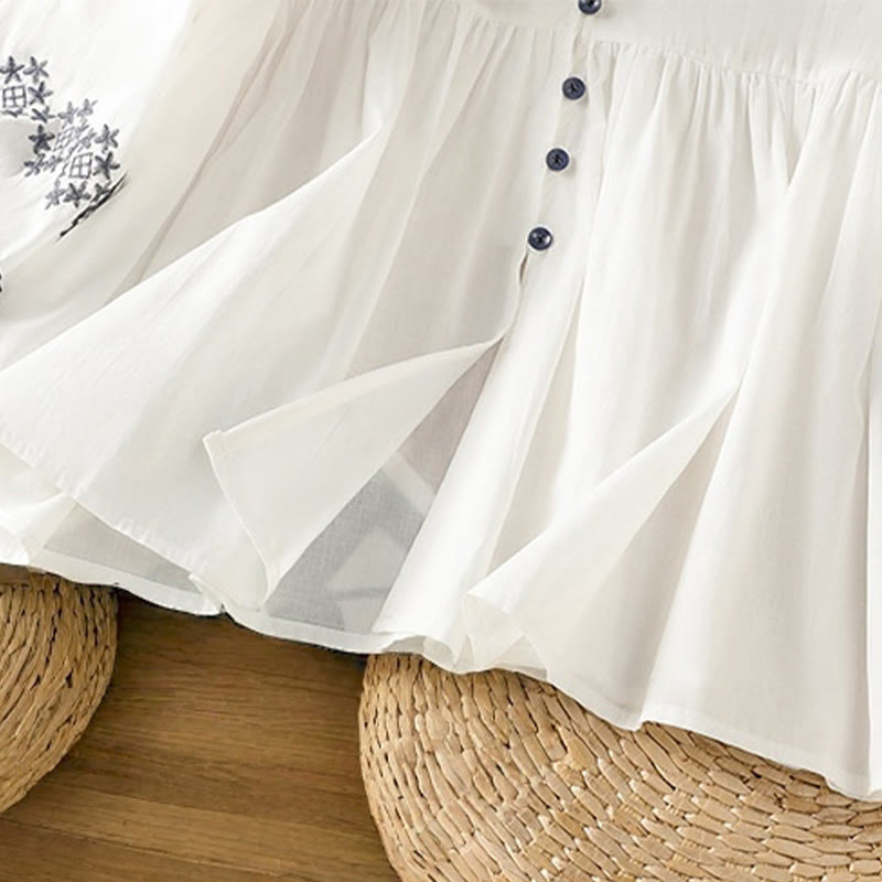 Koszula damska bawełniana z haftowanymi Buddha Stones, plisowanymi guzikami i długim rękawem typu latarnia - image 8