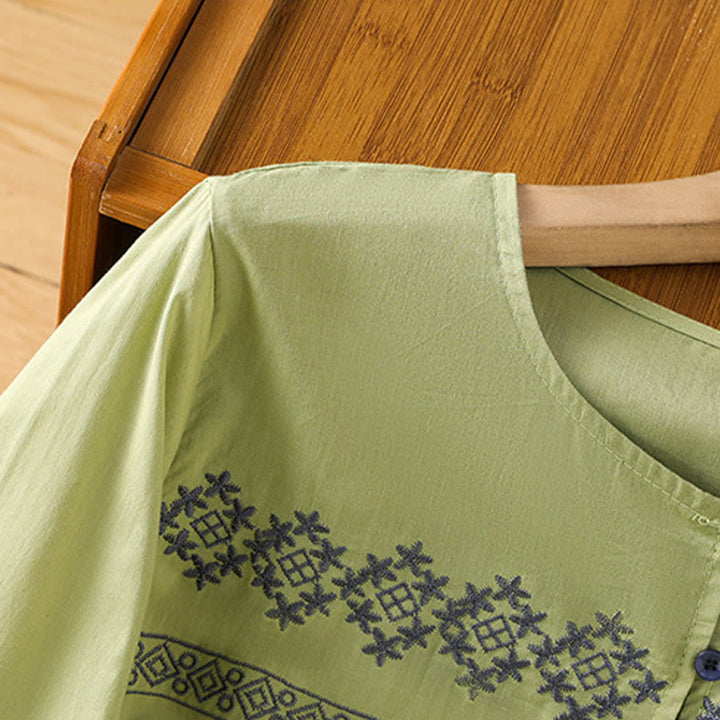 Koszula damska bawełniana z haftowanymi Buddha Stones, plisowanymi guzikami i długim rękawem typu latarnia - image 21