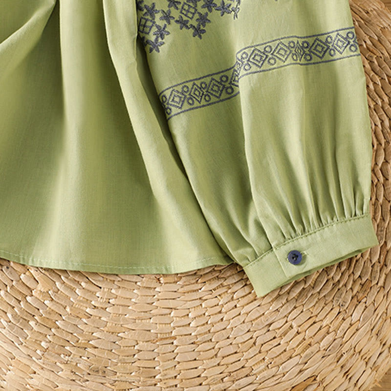 Koszula damska bawełniana z haftowanymi Buddha Stones, plisowanymi guzikami i długim rękawem typu latarnia - image 27