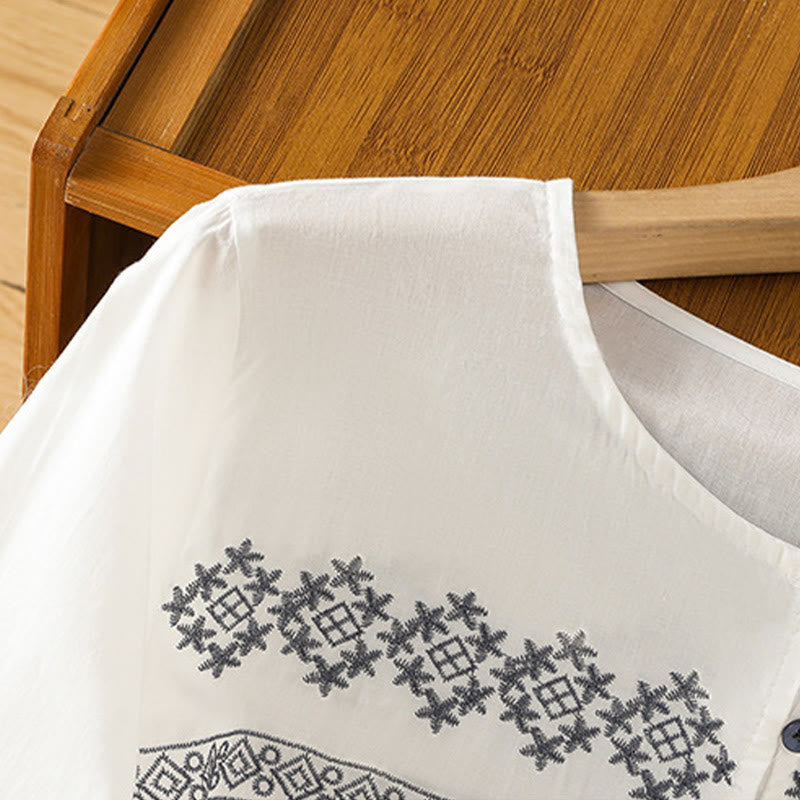 Koszula damska bawełniana z haftowanymi Buddha Stones, plisowanymi guzikami i długim rękawem typu latarnia - image 4