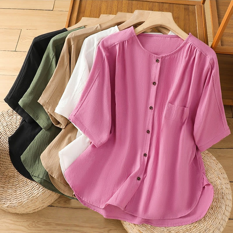 Koszula damska z bawełny i lnu z kieszenią i prostymi guzikami, z krótkim rękawem i motywem Buddha Stones - image 40