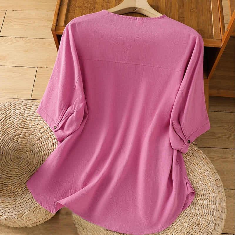 Koszula damska z bawełny i lnu z kieszenią i prostymi guzikami, z krótkim rękawem i motywem Buddha Stones - image 36