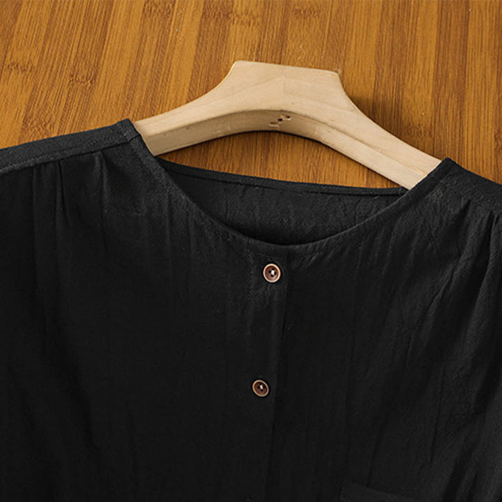 Koszula damska z bawełny i lnu z kieszenią i prostymi guzikami, z krótkim rękawem i motywem Buddha Stones - image 13