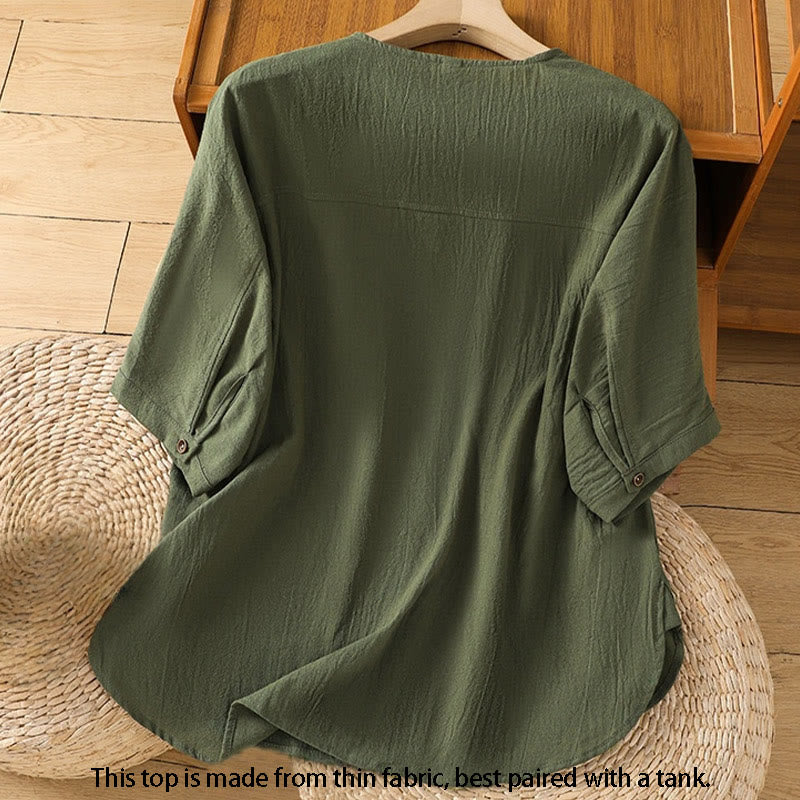 Koszula damska z bawełny i lnu z kieszenią i prostymi guzikami, z krótkim rękawem i motywem Buddha Stones - image 1