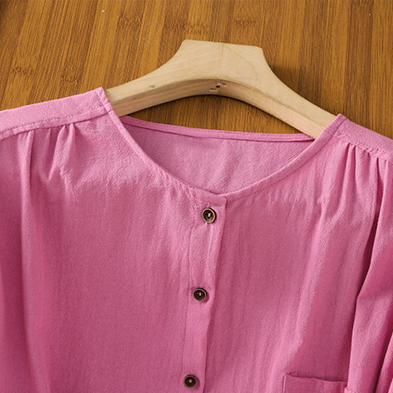 Koszula damska z bawełny i lnu z kieszenią i prostymi guzikami, z krótkim rękawem i motywem Buddha Stones - image 37