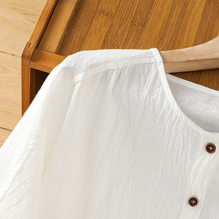 Koszula damska z bawełny i lnu z kieszenią i prostymi guzikami, z krótkim rękawem i motywem Buddha Stones - image 19