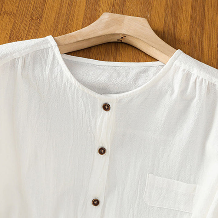 Koszula damska z bawełny i lnu z kieszenią i prostymi guzikami, z krótkim rękawem i motywem Buddha Stones - image 20