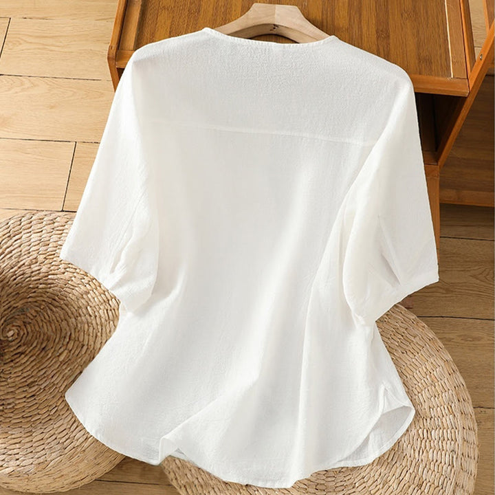 Koszula damska z bawełny i lnu z kieszenią i prostymi guzikami, z krótkim rękawem i motywem Buddha Stones - image 18