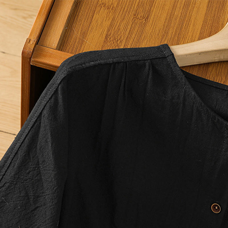 Koszula damska z bawełny i lnu z kieszenią i prostymi guzikami, z krótkim rękawem i motywem Buddha Stones - image 11