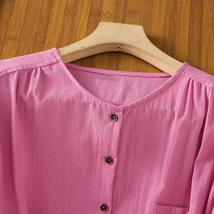 Koszula damska z bawełny i lnu z kieszenią i prostymi guzikami, z krótkim rękawem i motywem Buddha Stones - image 37