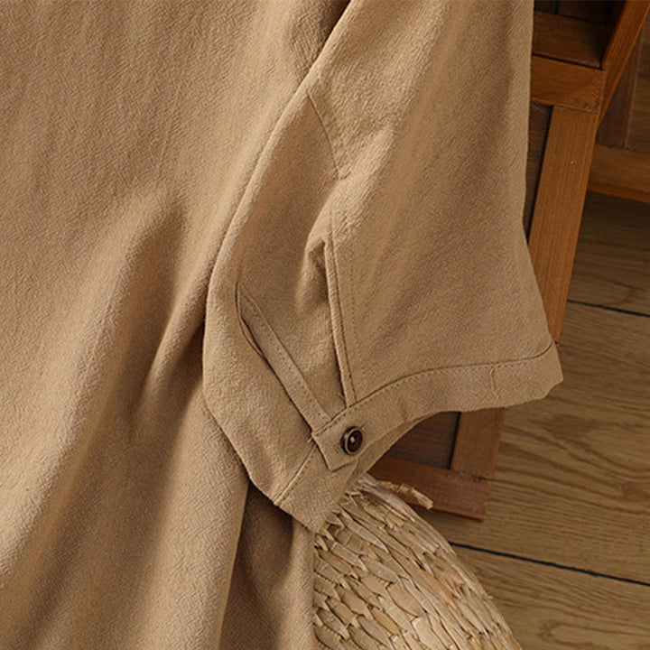 Koszula damska z bawełny i lnu z kieszenią i prostymi guzikami, z krótkim rękawem i motywem Buddha Stones - image 32