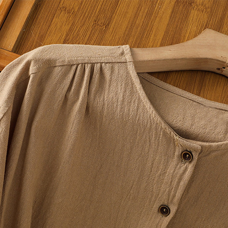 Koszula damska z bawełny i lnu z kieszenią i prostymi guzikami, z krótkim rękawem i motywem Buddha Stones - image 29