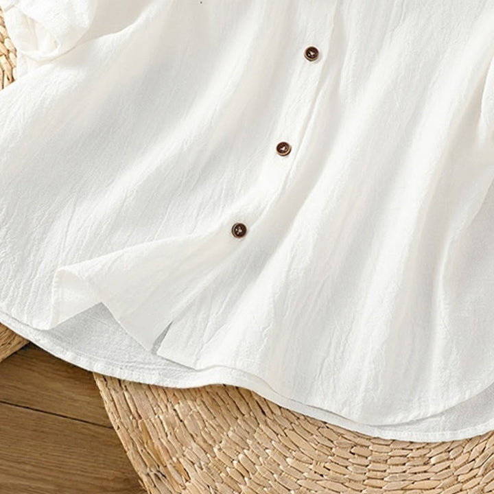 Koszula damska z bawełny i lnu z kieszenią i prostymi guzikami, z krótkim rękawem i motywem Buddha Stones - image 24