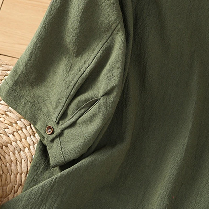 Koszula damska z bawełny i lnu z kieszenią i prostymi guzikami, z krótkim rękawem i motywem Buddha Stones - image 7