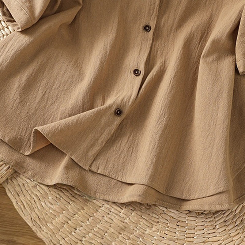 Koszula damska z bawełny i lnu z kieszenią i prostymi guzikami, z krótkim rękawem i motywem Buddha Stones - image 33