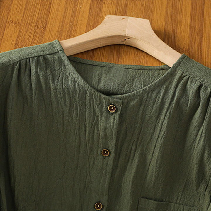 Koszula damska z bawełny i lnu z kieszenią i prostymi guzikami, z krótkim rękawem i motywem Buddha Stones - image 2