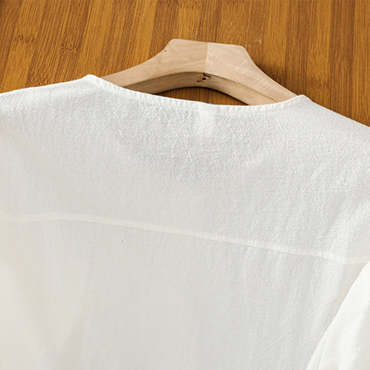 Koszula damska z bawełny i lnu z kieszenią i prostymi guzikami, z krótkim rękawem i motywem Buddha Stones - image 21