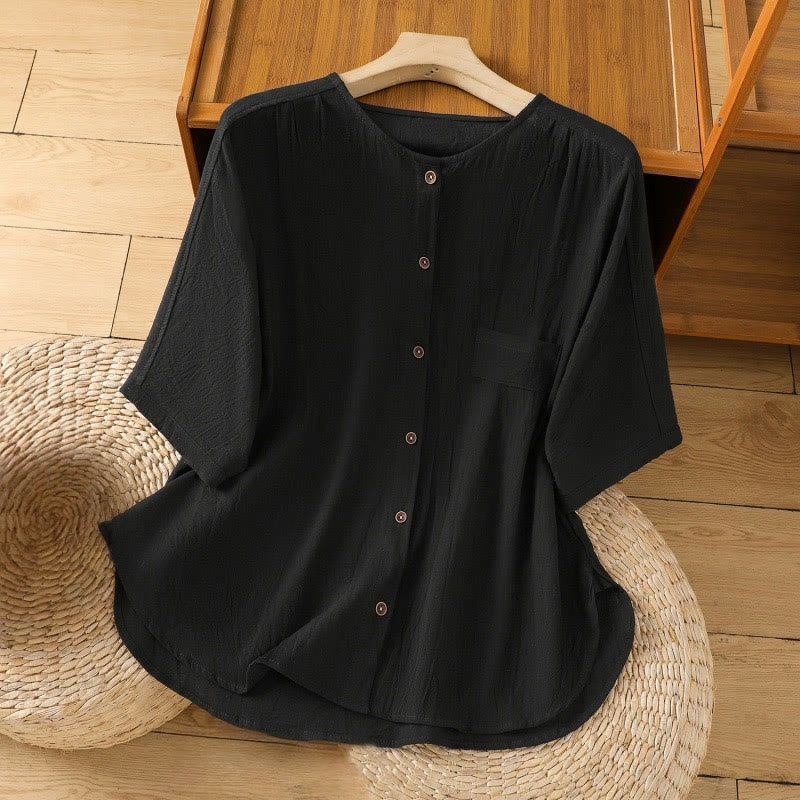 Koszula damska z bawełny i lnu z kieszenią i prostymi guzikami, z krótkim rękawem i motywem Buddha Stones - Czarny - US8-10，UK/AU12-14，EU40-42 (2XL) - image 9