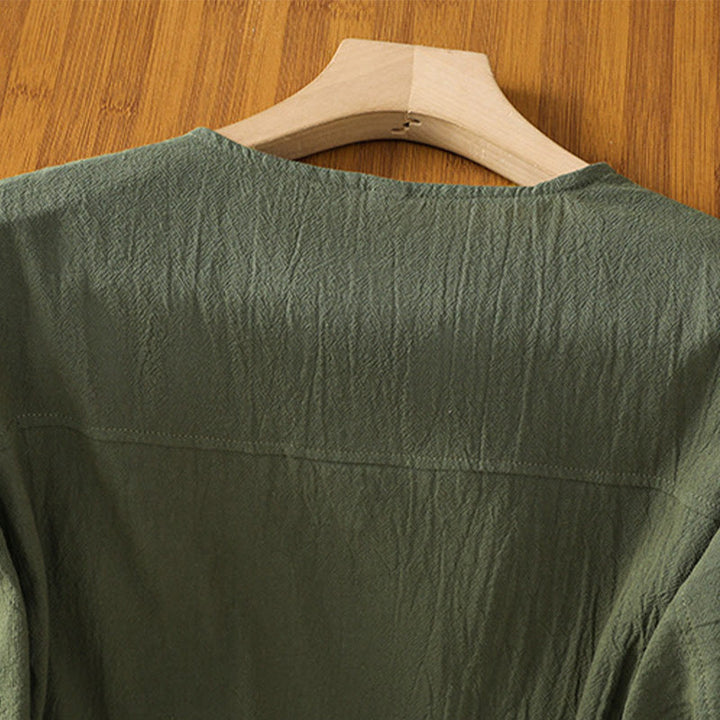 Koszula damska z bawełny i lnu z kieszenią i prostymi guzikami, z krótkim rękawem i motywem Buddha Stones - image 3