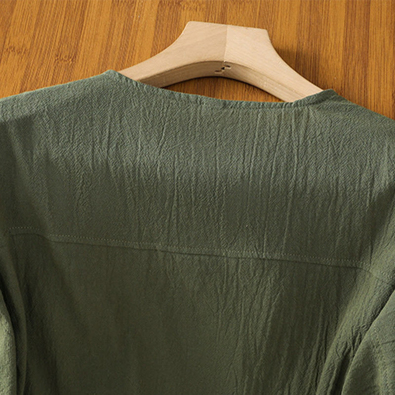 Koszula damska z bawełny i lnu z kieszenią i prostymi guzikami, z krótkim rękawem i motywem Buddha Stones - image 3