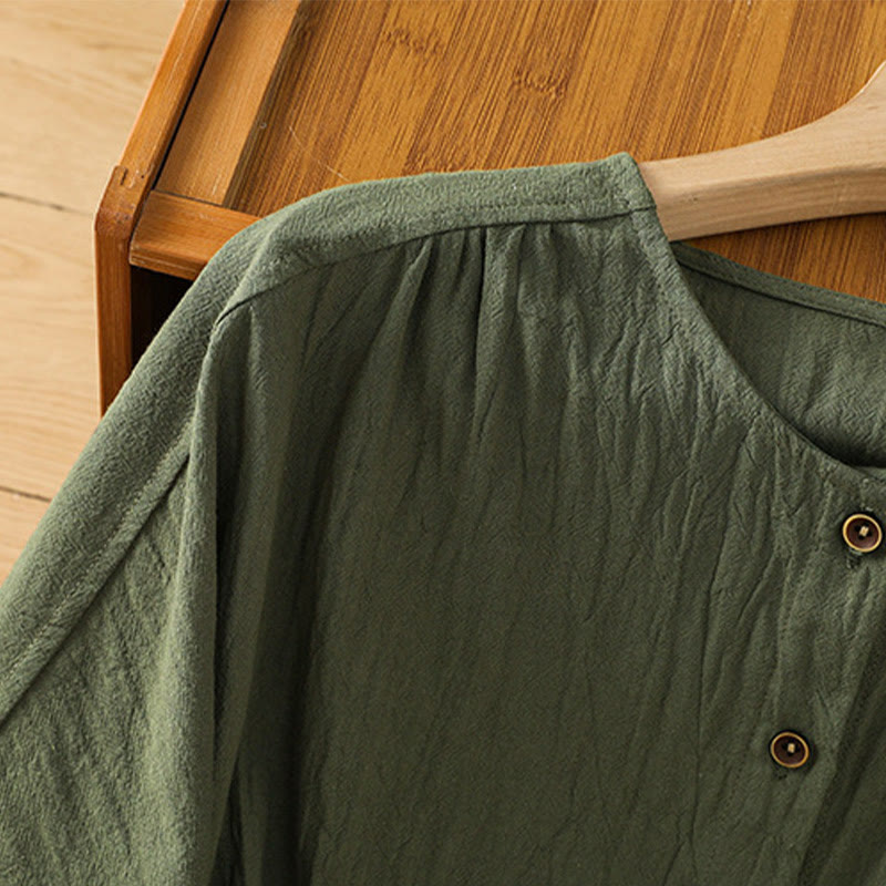 Koszula damska z bawełny i lnu z kieszenią i prostymi guzikami, z krótkim rękawem i motywem Buddha Stones - image 4