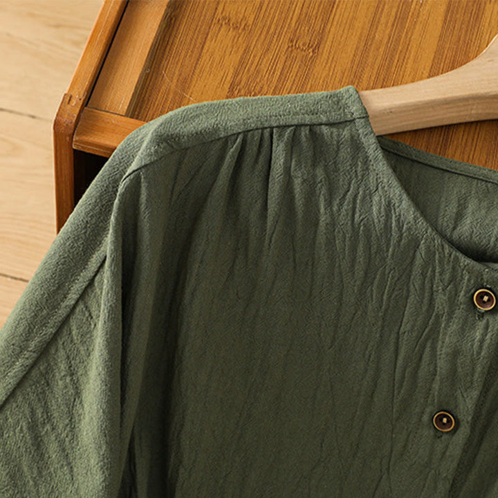 Koszula damska z bawełny i lnu z kieszenią i prostymi guzikami, z krótkim rękawem i motywem Buddha Stones - image 4