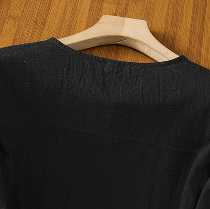 Koszula damska z bawełny i lnu z kieszenią i prostymi guzikami, z krótkim rękawem i motywem Buddha Stones - image 12