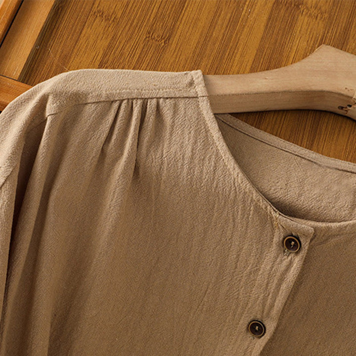 Koszula damska z bawełny i lnu z kieszenią i prostymi guzikami, z krótkim rękawem i motywem Buddha Stones - image 29