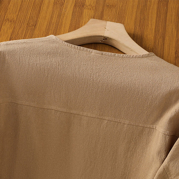 Koszula damska z bawełny i lnu z kieszenią i prostymi guzikami, z krótkim rękawem i motywem Buddha Stones - image 28