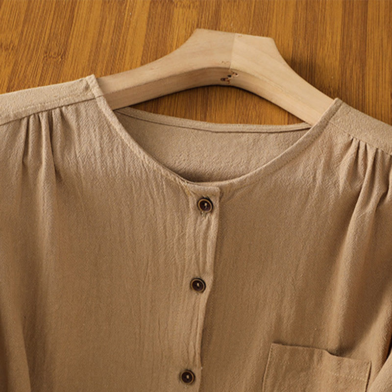 Koszula damska z bawełny i lnu z kieszenią i prostymi guzikami, z krótkim rękawem i motywem Buddha Stones - image 27