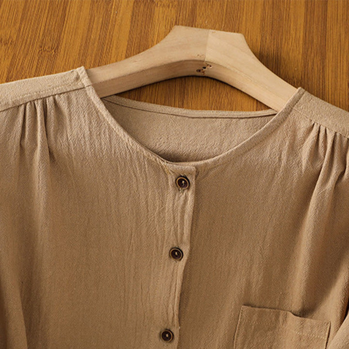 Koszula damska z bawełny i lnu z kieszenią i prostymi guzikami, z krótkim rękawem i motywem Buddha Stones - image 27