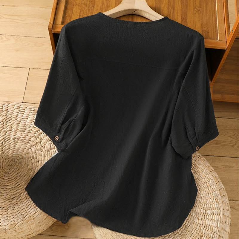 Koszula damska z bawełny i lnu z kieszenią i prostymi guzikami, z krótkim rękawem i motywem Buddha Stones - image 10