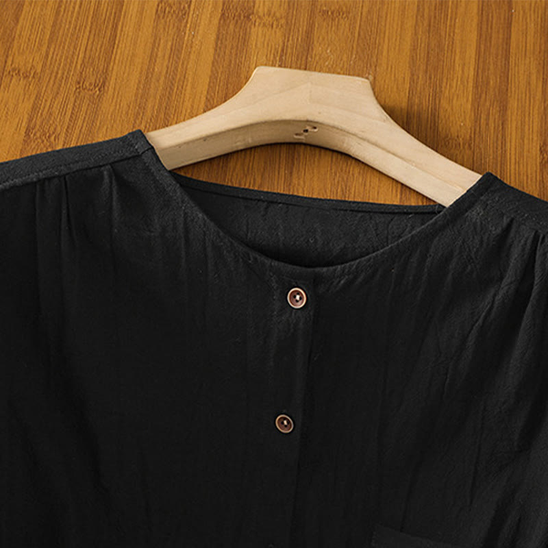 Koszula damska z bawełny i lnu z kieszenią i prostymi guzikami, z krótkim rękawem i motywem Buddha Stones - image 13