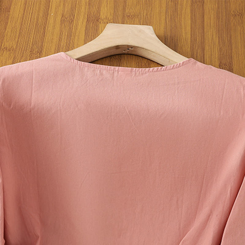 Damska koszulka z bawełny i lnu z haftem w stylu retro "Buddha Stones" i sznurowaniem, z rękawami trzy czwarte - image 11