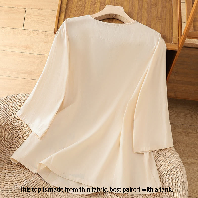 Damska koszulka z bawełny i lnu z haftem w stylu retro "Buddha Stones" i sznurowaniem, z rękawami trzy czwarte - image 1