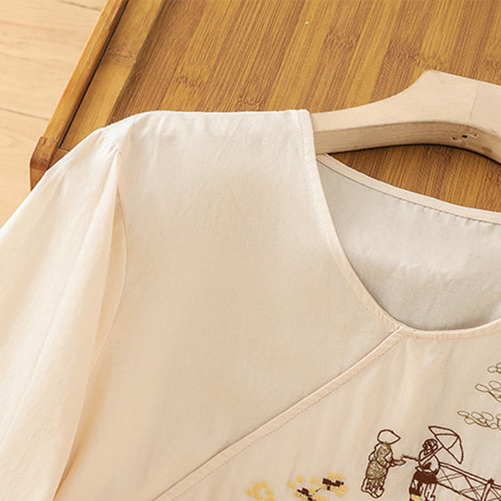 Damska koszulka z bawełny i lnu z haftem w stylu retro "Buddha Stones" i sznurowaniem, z rękawami trzy czwarte - image 3