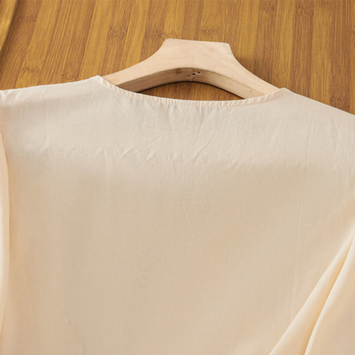 Damska koszulka z bawełny i lnu z haftem w stylu retro "Buddha Stones" i sznurowaniem, z rękawami trzy czwarte - image 4