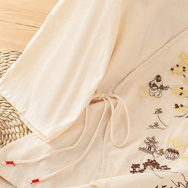 Damska koszulka z bawełny i lnu z haftem w stylu retro "Buddha Stones" i sznurowaniem, z rękawami trzy czwarte - image 6